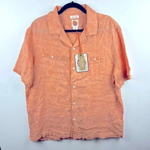 C And C California Shirt Adult Large CORAL 100% Linen Button Up Pocket Mens NEW - Picture 1 of 4